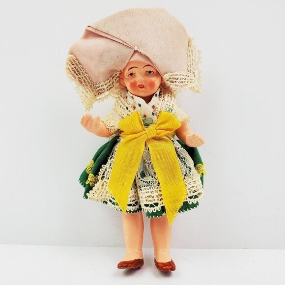 Czech Vintage 1950s Girl Figure Toy Doll Mini Traditional Dress Moveable Limbs - Picture 1 of 12